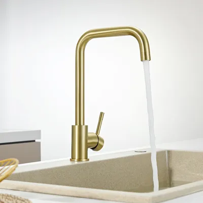 Produktbild von Wasserhahn Küche Hoher Auslauf L-Form, 360° Drehbar Spültischarmatur Gebürstet Gold, Einhandmischer 304 Edelstahl Küchenarmatur Cecipa