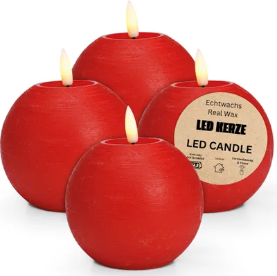 Image de Bougie LED Boules de cire, set de 4, flamme vacillante, Ø 7x18 cm, rouge