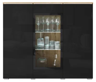 Produktbild von MIRJAN24 Türkommode Vera 120, Stilvoll Wohnzimmer, Kommode mit drei Drehtüren (Farbe: Wotan Eiche / Schwarz Hochglanz, mit weißer LED Beleuchtung)