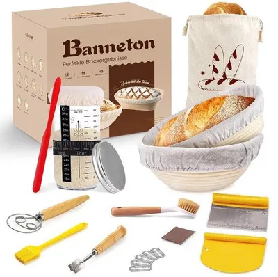 Produktbild von Backset für Sauerteigbrot mit 2 Gärkörben, Sauerteig-Starter-Set und kompletten Backzubehör für Anfänger – 23 cm rund und 25 cm oval, ideal für