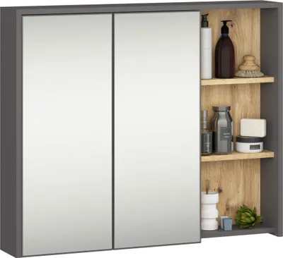Produktbild von Badezimmer-Hängeschrank VAMI mit Spiegel Graphitgrau, Artisan Eiche 90x75x15 cm