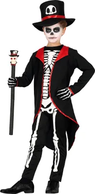Immagine prodotto di Scheletro Costume di Halloween per bambini Cappello Magico Design Masquerade Mago Notte classico Cappotto lungo Divertimento spaventoso Vestito misterioso Sorpresa inaspettata, Taglia: 98/104 Colore: Nero