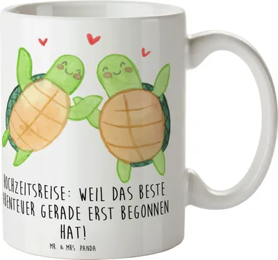 Produktbild von Mr. & Mrs. Panda Kaffeetasse Hochzeitsreise Abenteuer - Weiß - Geschenk, Keramiktasse, Tasse, Teetasse, Heirat, Geschenke, beste, romantisch, Geschenktasse, Heiraten