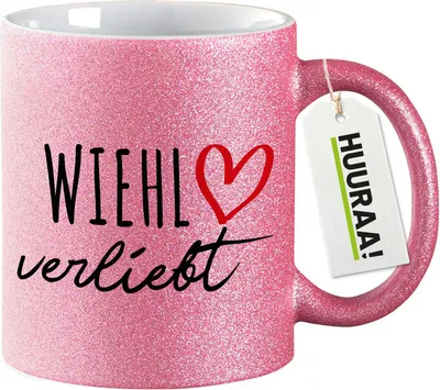 Produktbild von Huuraa Glitzertasse Wiehl verliebt 330ml Pink Keramik Kaffeebecher Geschenkidee