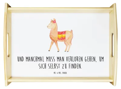 Produktbild von Mr. & Mrs. Panda Deko Tablett Alpaka Stolz - Weiß - Geschenk, Holztablett, Lama, tragetablett, Serviertablett, Servier