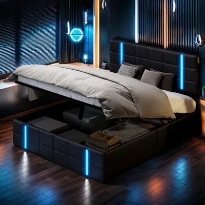 Produktbild von Polsterbett 140x200cm mit Ladefunktion (USB&Typ-c), Schubladen, Jugendbett Doppelbett mit Lattenrost und Stauraum, Stauraumbett mit LED, PU