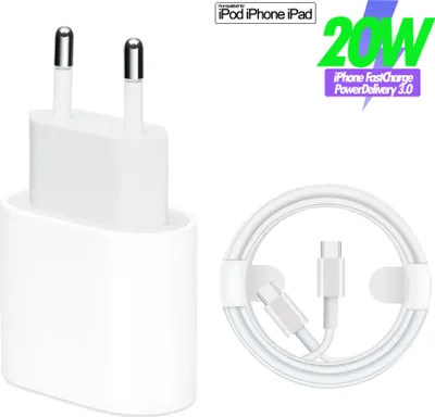 A white USB-C power adapter and a white USB-C charging cable are displayed against a white background.