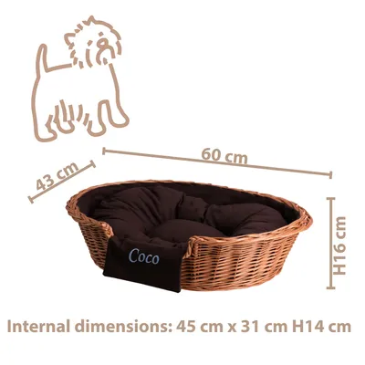 Produktbild von Hundekorb aus Weide oval mit einem Kissen und Namen 60x43 H16 CM