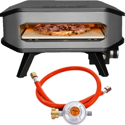 Produktbild von COZZE® 90348 Starterset Gas Pizza Ofen inklusive Druckminderer mit Schlauch mobiler Pizzaofen Pizzastein Gasgrill bis 400°Grad regelbar mit 34x34 cm Pizzastein tragbar Terrasse Balkon Test"SEHR GUT"