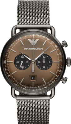 A close-up, front-facing studio shot of a men's chronograph watch.