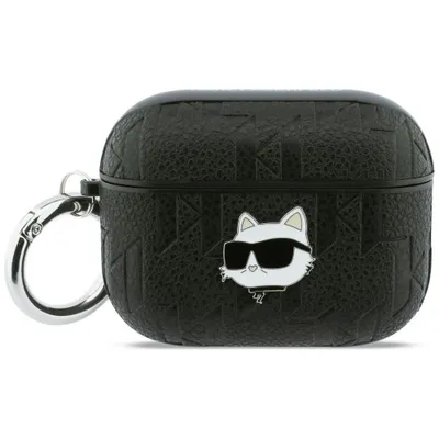 A black AirPods Pro case with a Karl Lagerfeld Choupette Head design.