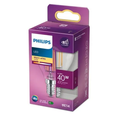 Produktbild von Philips Filament-Kerzenlampe, P45 E14, transparent, 40 W, 4,3 W, 40 W, E14, 470 lm, 15000 h, Warmweiß