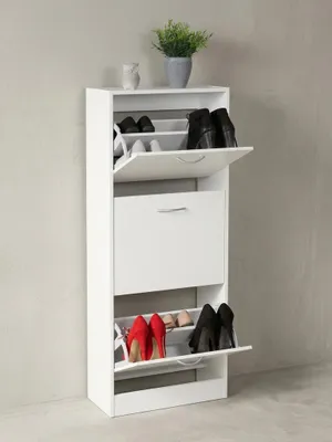 Schuhschrank aus natürlicher Eiche massiv auf neutralem Betonhintergrund Frontalansicht 50x24x125 cm_#sku_SAFWL5.035#