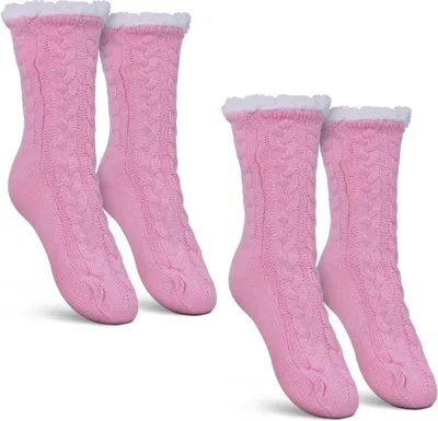 Produktbild von Haussocken (Rosa / 2 Paar) Damen mit Teddyfutter - Hüttensocken mit Anti-Rutsch-Sohle - ABS Norweger Socken Zopfmuster - Kuschelsocken Einheitsgröße Stopper