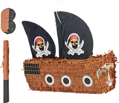 Produktbild von Relaxdays Pinata Piratenschiff, mit Stab & Maske, Partypinata Kinder, Geburtstag, zum Befüllen, HxBxT: 35x44x15 cm, bunt