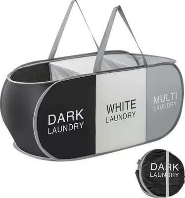 Produktbild von Faltbar Wäschekorb mit 3 Fächer, 99L Pop Up Wäschesammler mit Henkel, Wäschetasche Groß Klappbarer Aufbewahrung Korb für Kleidung Spielzeug Waschküche Schlafzimmer Reisen