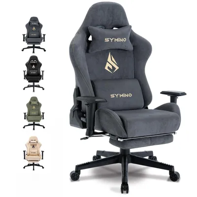 Produktbild von Gaming-Stuhl grau Samt ergonomisch, Massage-Lendenstütze, ausziehbare Fußstütze, 4D-Armlehnen, 200kg belastbar, für PC & Büro