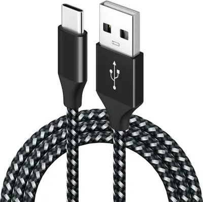 A USB-C to USB-A charging cable with a braided cord.