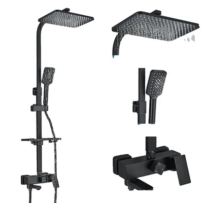 A black shower fixture set displayed against a white background.