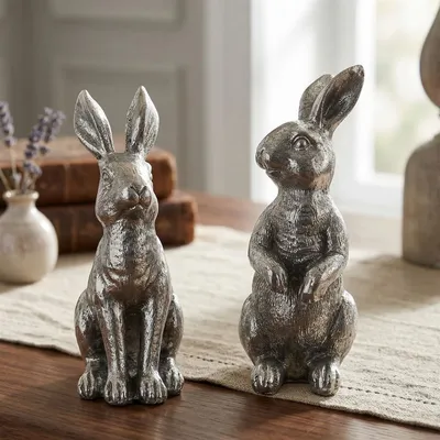 Image de 2 lapins de Pâques "Silberglanz" en look antique, pour l'intérieur et l'extérieur, figure de lapin décoratif