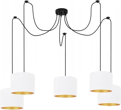 A multi-arm pendant light fixture with five white drum shades with gold interiors, suspended from a black ceiling canopy.