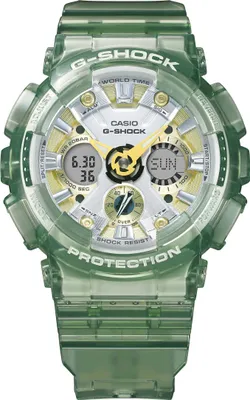 A transparent green Casio G-Shock watch is shown against a white background.