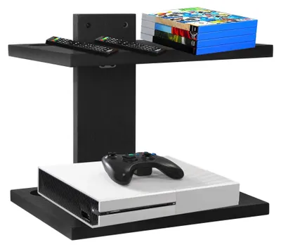2-stufiges schwebendes TV-Regal aus Holz, schwarz, Wandmontage