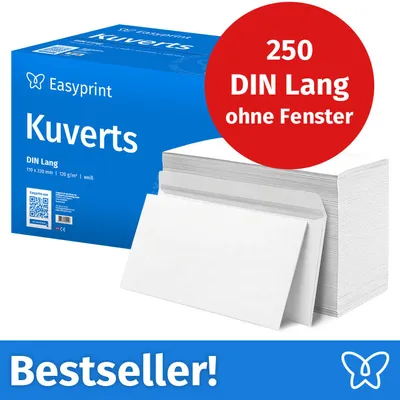 Produktbild von : Easyprint Briefumschläge ohne Fenster, DIN Lang, unbedruckt, 250 Stück