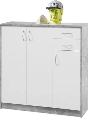 Produktbild von Kommode - Betondekor - Weiß matt - 109 x 112 cm - 3 Türen - 2 Schubladen - 5 Einlegeböden