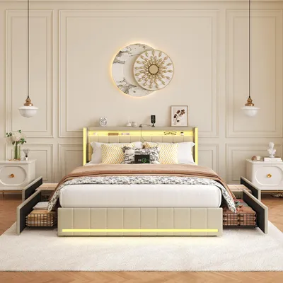 Image de Fortuna Lai Lit capitonné 160x200 cm en beige, lit double avec LED, fonction de chargement USB, tête de lit et 4 tiroirs, lit de rangement avec sommier à lattes en bois