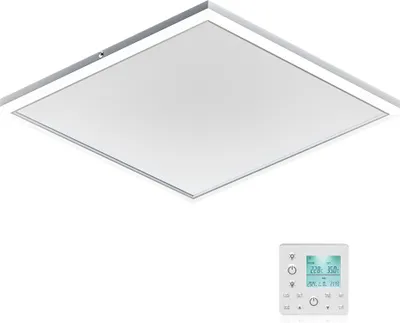 Image de Wiltec Chauffage infrarouge plafond et éclairage LEDs – Puissance 370 W / 40 W – 655 x 630 x 35 mm – Efficacité de conversion 98 % – Thermostat programmable – Radiateur IR, Panneau chauffant