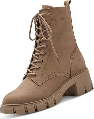 A single brown lace-up boot is shown against a white background.