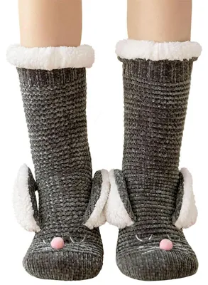 Produktbild von Haussocken Damen Stoppersocken dick flauschig mit Anti Rutsch Sohle warm Thermo-Socken Innenfrottee Kaninchen Dunkelgrau 36-41