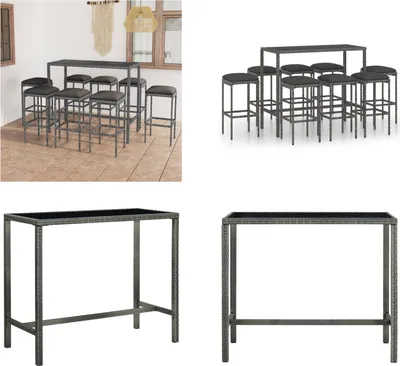 Produktbild von vidaXL 9 tlg. Gartenbar Set mit Kissen Poly Rattan Grau - Bar-Set - Bar-Sets - Bartisch Und Barhocker - Bartisch