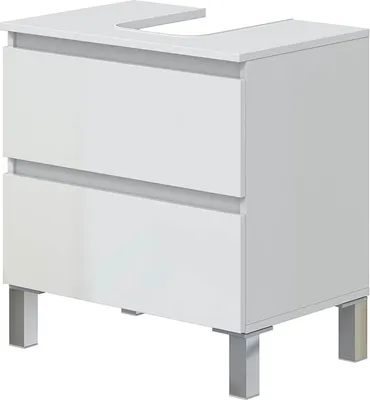 A white bathroom vanity cabinet with two drawers and silver legs, shown from a three-quarter angle on a white background.