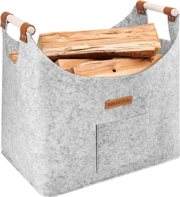 Image de Panier à bois de chauffage XL Sac en feutre 45x40x32cm Gris clair | Panier à bois pliable avec poignée renforcée