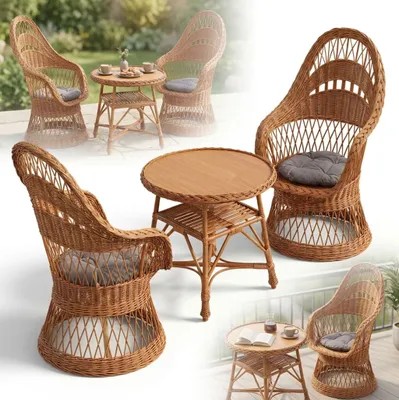 Immagine prodotto di SET DI MOBILI IN VIMINI: poltrone “pavone” e tavolino rotondo in stile boho per terrazza e giardino