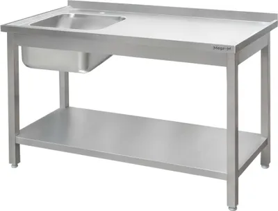 Zdjęcie produktu dla Gastronomiczny stół ze stali nierdzewnej przyścienny ze zlewem po lewej stronie i z półką spawany Mega-M 180x60x85 cm
