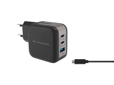 Produktbild von Conceptronic 3-Port 67W GaN USB-PD-Ladegerät mit USB-C-Ladekabel, USB-C x 2, USB-A x 1, QC 3.0, PPS