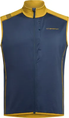La Sportiva Existence Vest in Blau und Gelb; ohne Ärmel; mit Reißverschluss und Stehkragen.
