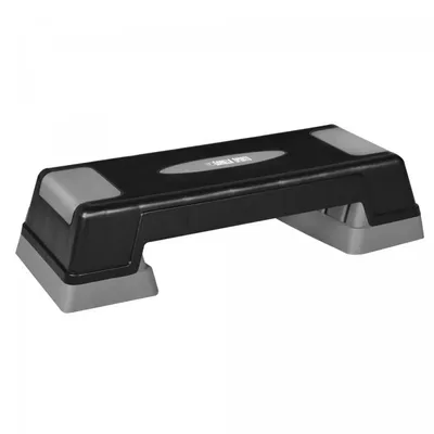 A black and gray aerobic stepper is shown against a white background.