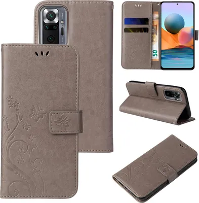 Produktbild von Handyhülle für Xiaomi Redmi Note 10 Pro Floral Blumen Schmetterling Flip Cover Hülle Case Klapphülle Handytasche Farbe: Grau