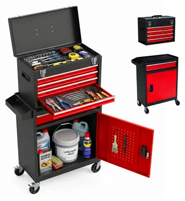 Produktbild von Relaxdays Werkstattwagen, 5 Schubladen & Aufsatzbox, abschließbar, HBT: 104x59,5x28 cm, Rollwagen, Stahl, schwarz-rot