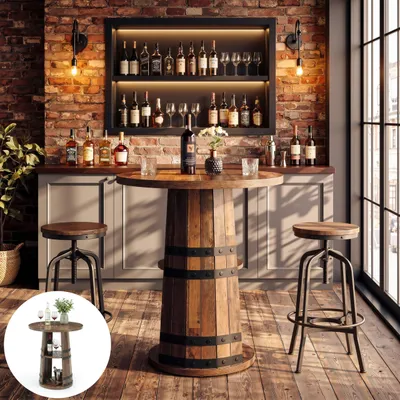 Immagine prodotto di Tribesigns, tavolino bar alto, 90 cm, con ripiano a due livelli, stile rustico industriale, ideale come tavolino da cocktail, per bar, cucine o home bar, colore marrone