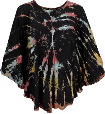 Produktbild von Batik Poncho, Tunika, Unikat Boho Kaftan, Maxibluse - Schwarz, Damen, Viskose,Elasthan, Blusen & Tunikas