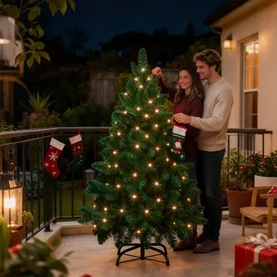 Imagen del producto de Árbol de Navidad artificial LILIIN de 150 cm con iluminación LED, color verde, de PVC, fácil de montar, con baja inflamabilidad. Incluye soporte metálico para el árbol (1,5 m, color verde)