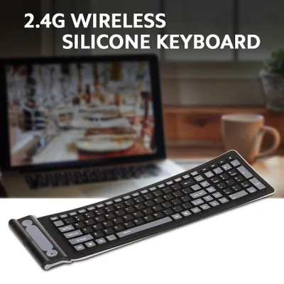 Image de Clavier sans fil 2,4 GHz, 107 touches, pliable, en silicone souple, résistant à la poussière, pour ordinateur de bureau et portable, prêt à l'emploi