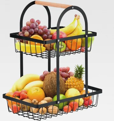 Produktbild von 2 Stockig Obstkorb Etagere, Obst Etagere 2 Stöckig, Obstschale Etagere mit Holzgriff, Metall Schwarz Obstschalen mit Griff für Snacks zu Hause, Gemüse, Küche, Büro, Obst