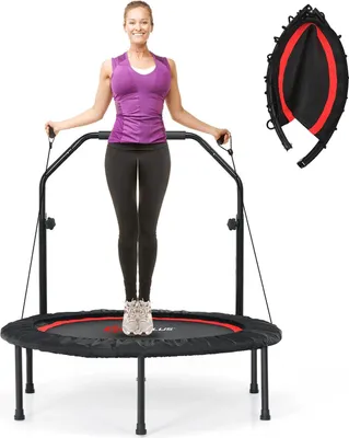 Image de Trampoline de fitness Rebounder - Mini-trampoline 101 cm - Poignée réglable en hauteur - 2 bandes de résistance - Pliable - Cardio et entraînement des jambes - Rouge