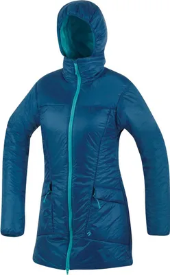 Dunkelblaue Apres Lady Winterjacke von DirectAlpine mit Kapuze und zwei Taschen.